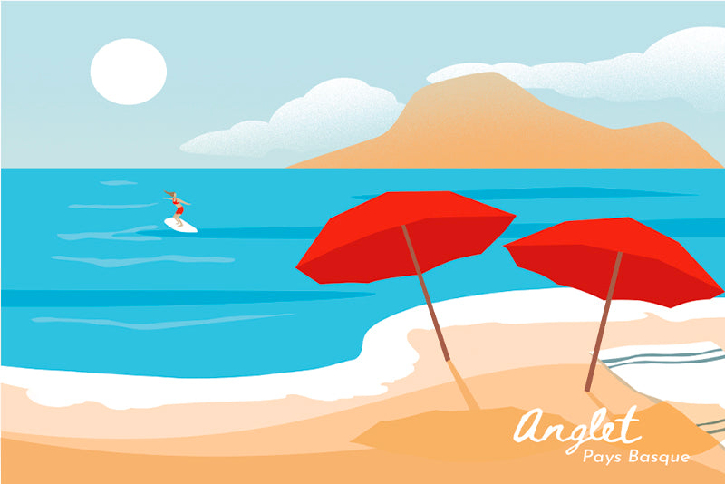 Lot de 4 sets de table en vinyle / Plage avec parasols rouges et surfeur