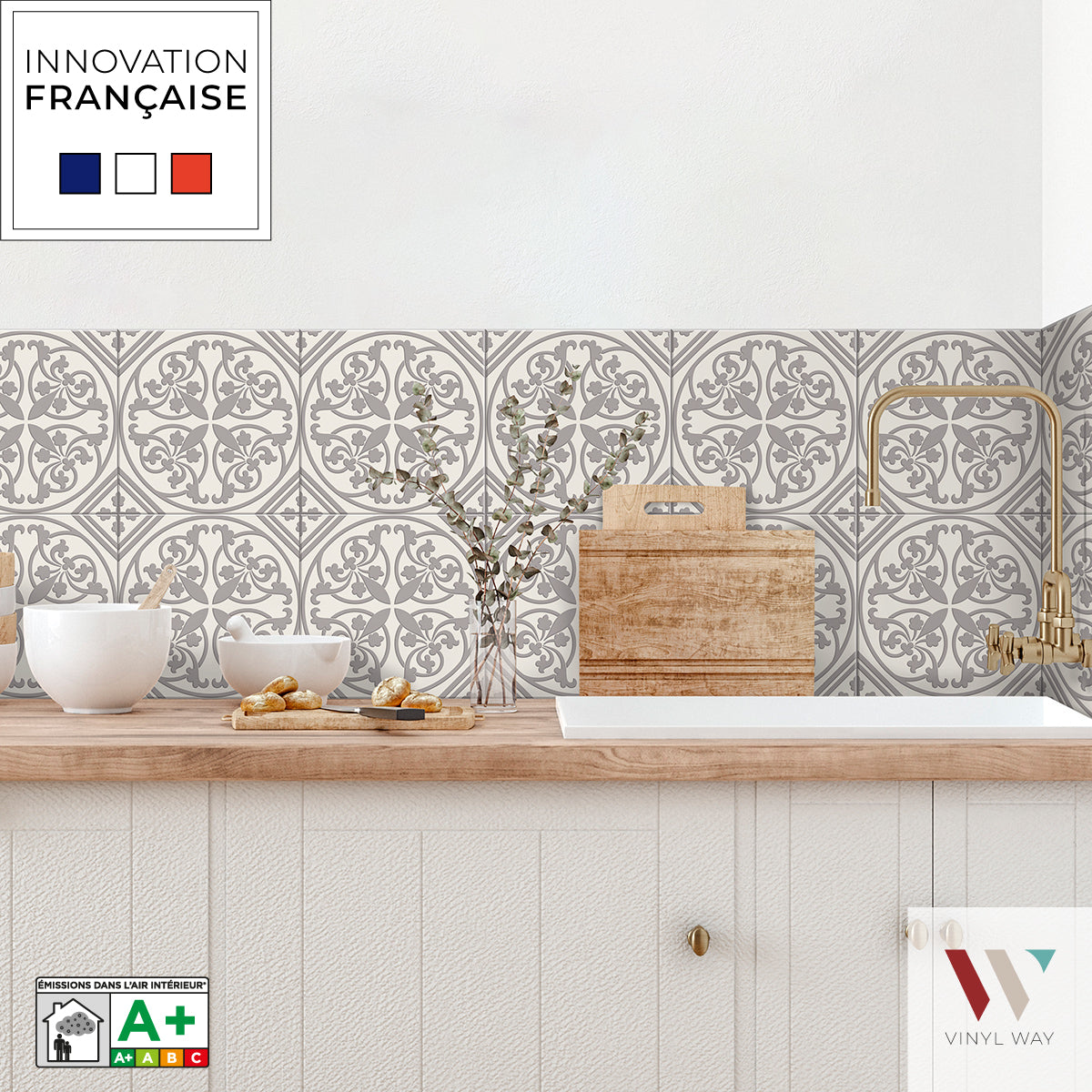 8 carreaux adhésifs 20x20cm Jade / Carreaux de ciment provençaux / beige / pour douche, murs, sol, cuisine, salle de bain…