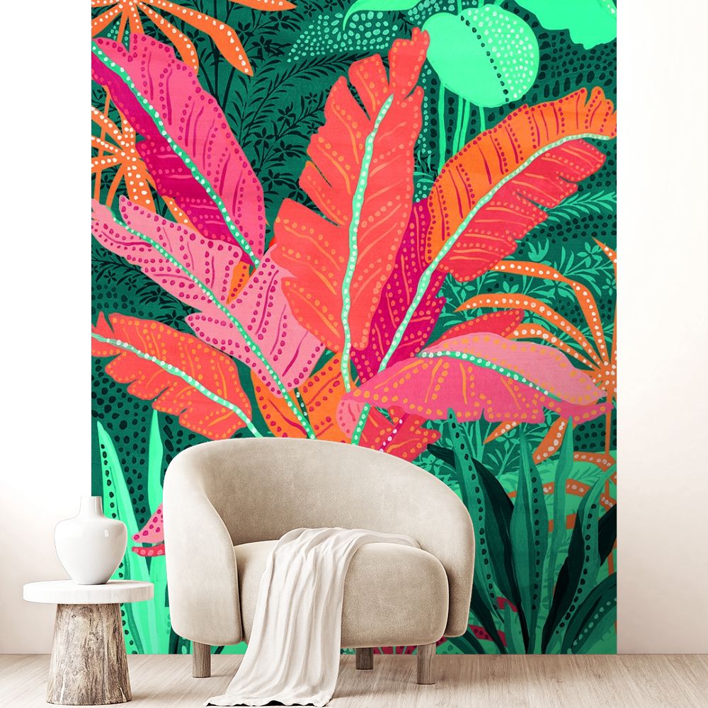 Papier peint "Feuilles exotiques colorées"