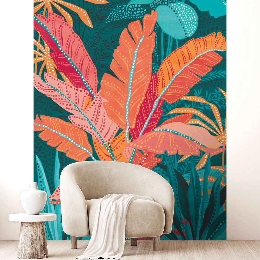 Papier peint "Feuilles exotiques colorées"