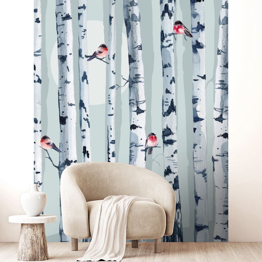 Papier peint "Oiseaux et bouleaux"