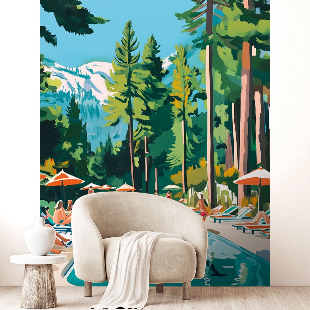 Papier peint "Scène estivale piscine"