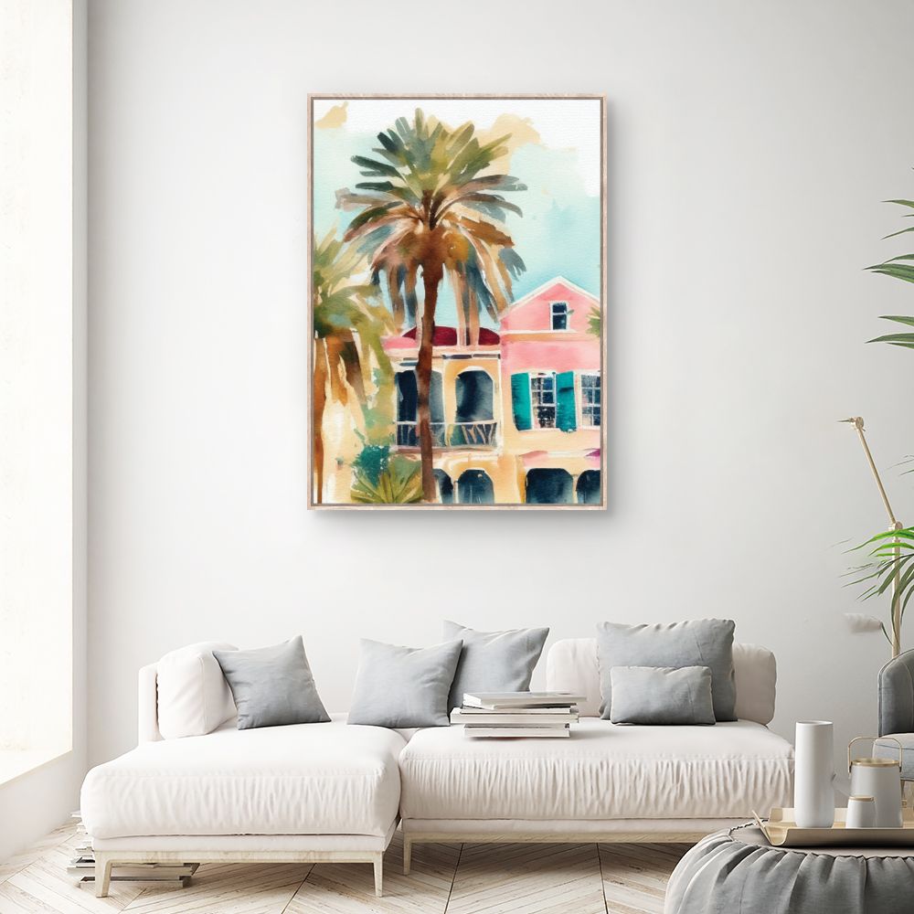 Tableau Palmiers et maisons