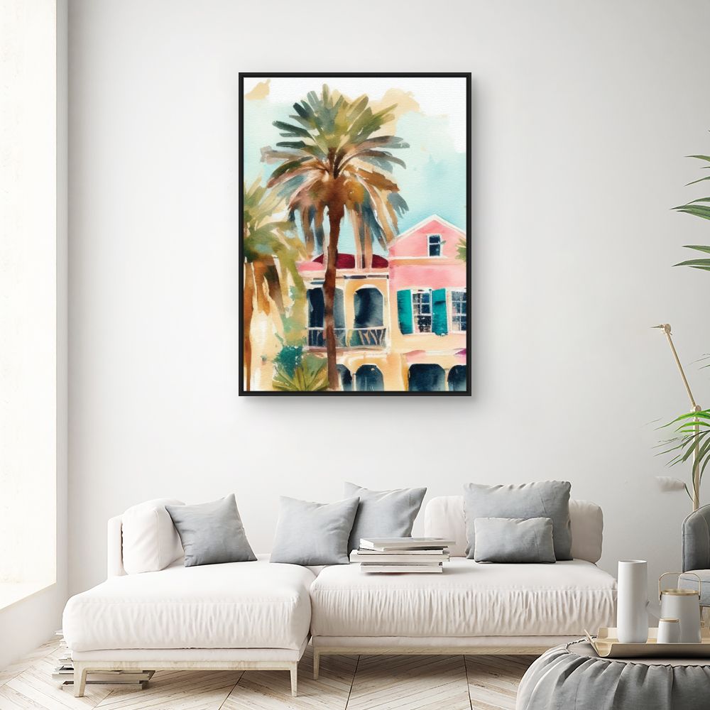 Tableau Palmiers et maisons