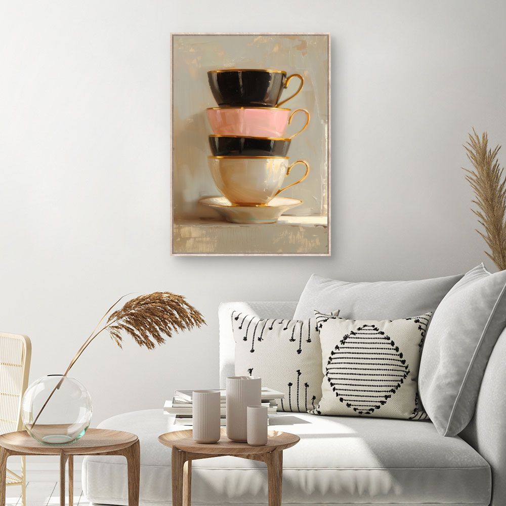 Toile Tasses élégantes empilées – toile cadre naturel (slide 1, 60×90)