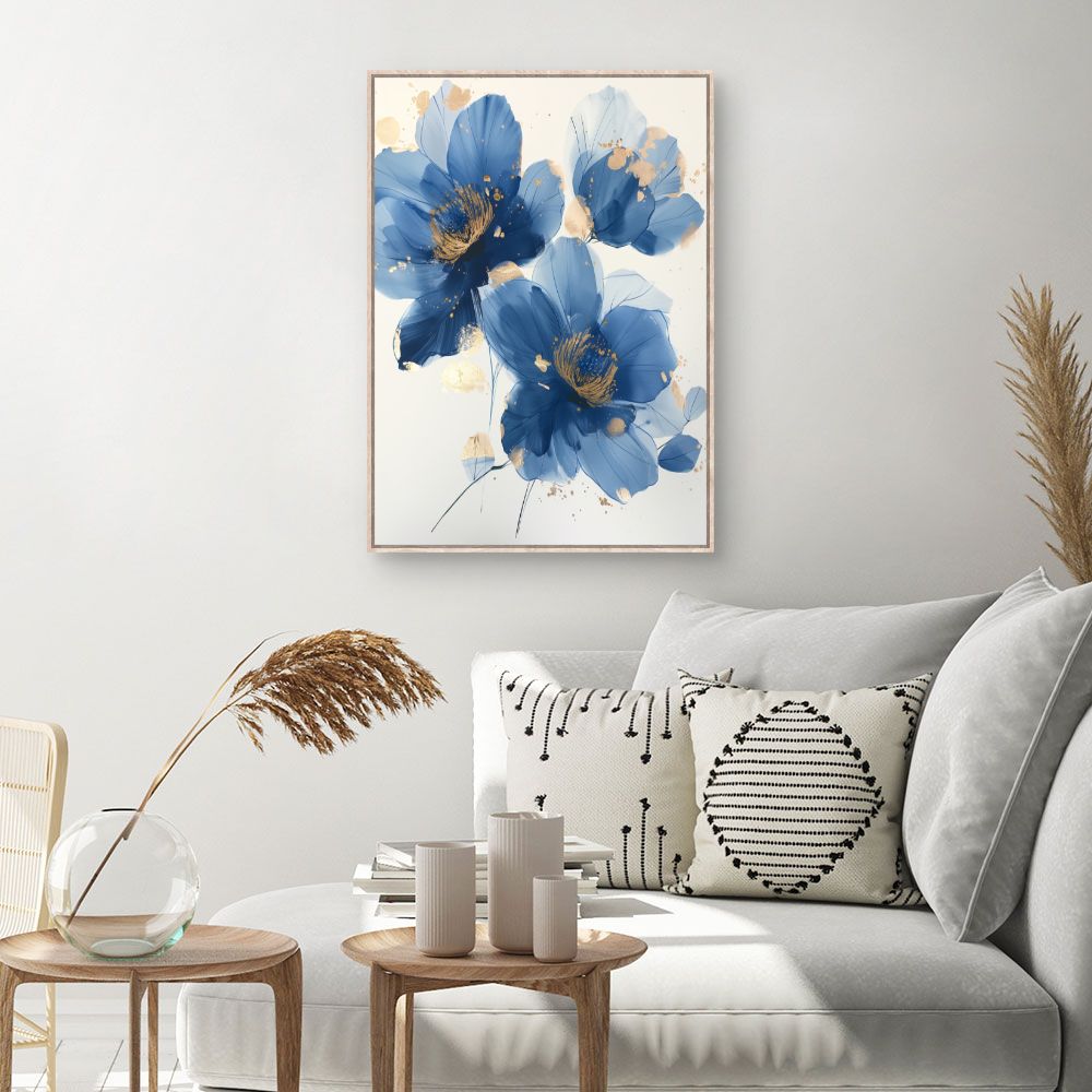 Toile Fleurs dorées délicates – toile cadre naturel (slide 1, 60×90)
