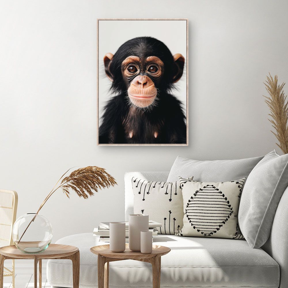 Toile Bébé chimpanzé curieux – toile cadre naturel (slide 1, 60×90)