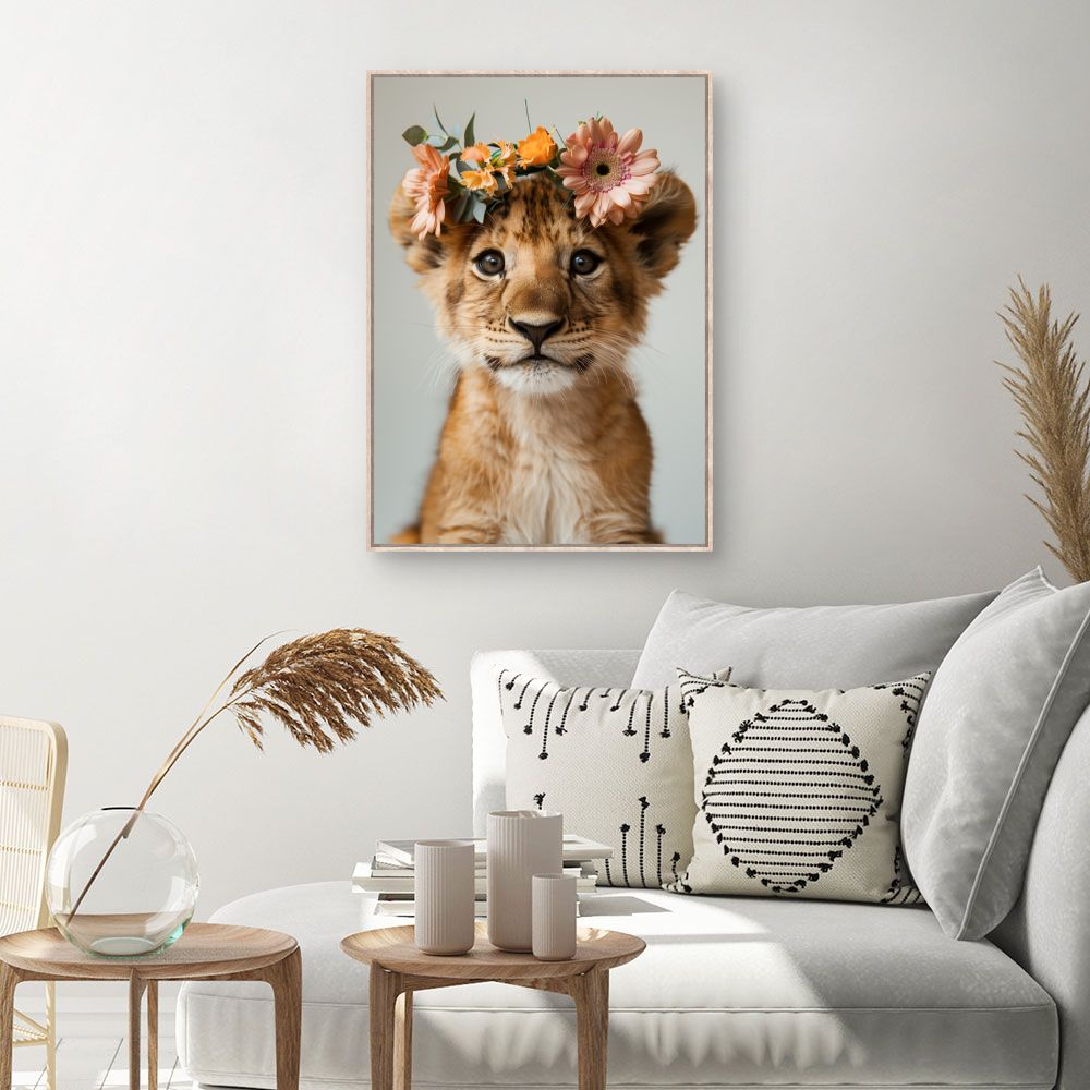 Toile Lionceau fleuri – toile cadre naturel (slide 1, 60×90)