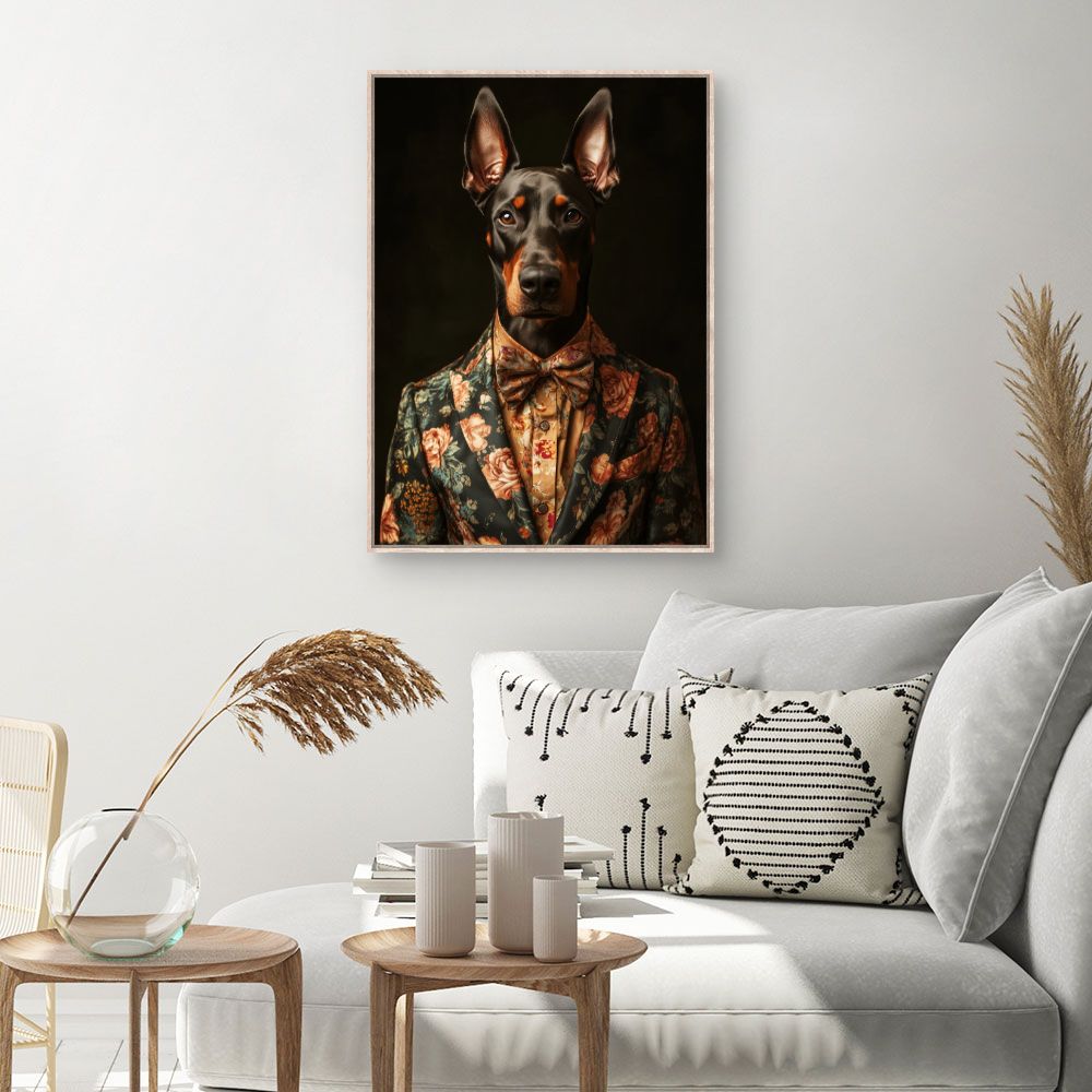 Toile Chien élégant fleuri – toile cadre naturel (slide 1, 60×90)