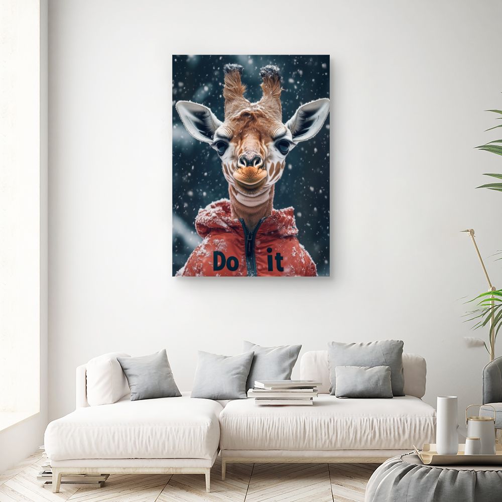 Toile "Girafe enneigée comique"