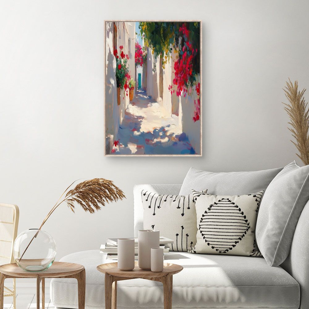 Toile Ruelle fleurie – toile cadre naturel (slide 1, 60×90)