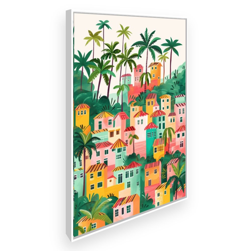 Toile Village tropical vibrant – toile cadre blanc (slide 2)