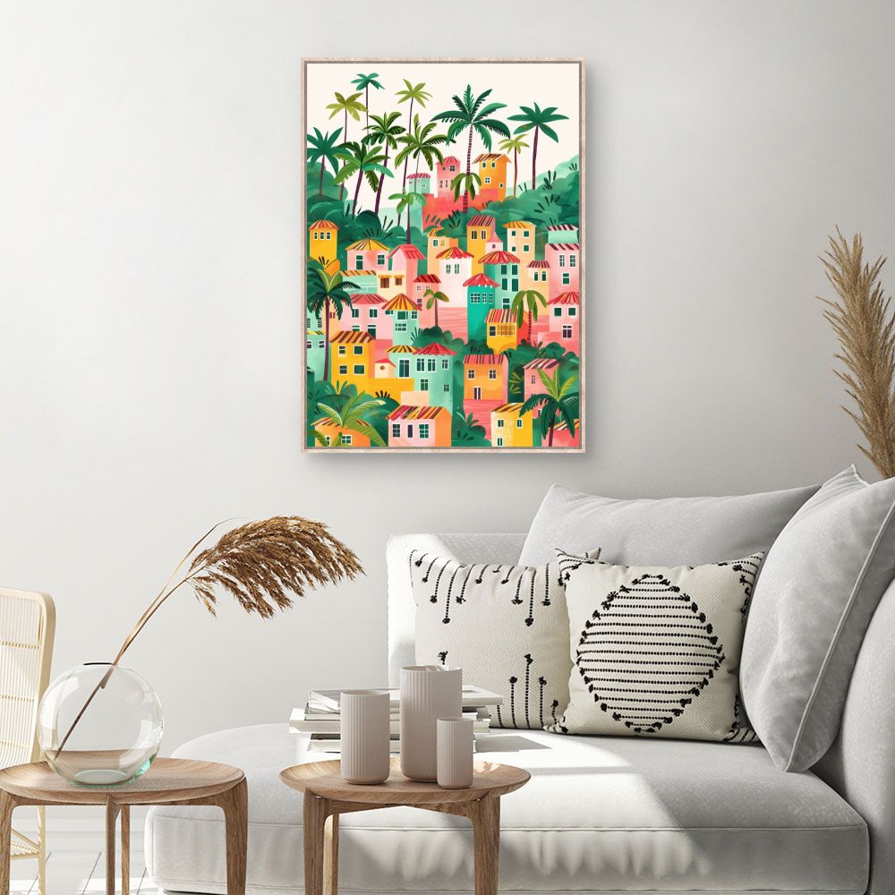 Toile Village tropical vibrant – toile cadre naturel (slide 1, 60×90)