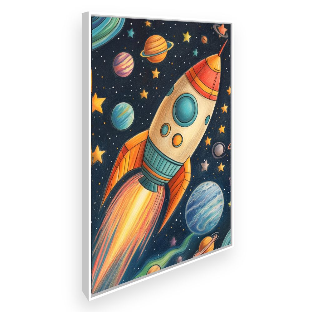 Tableau imprimé pour enfants 'Fusée spatiale vibrante'