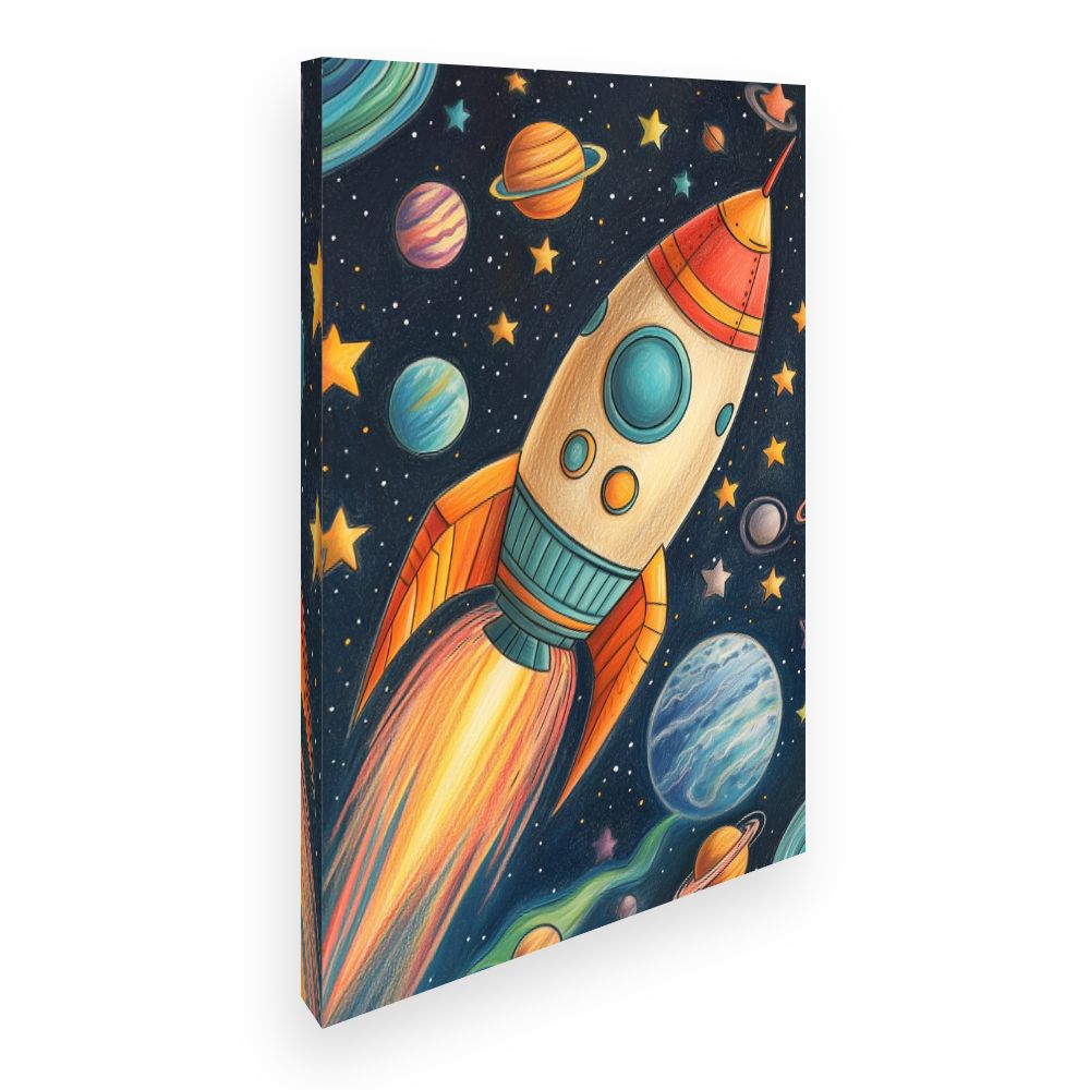 Tableau imprimé pour enfants 'Fusée spatiale vibrante'