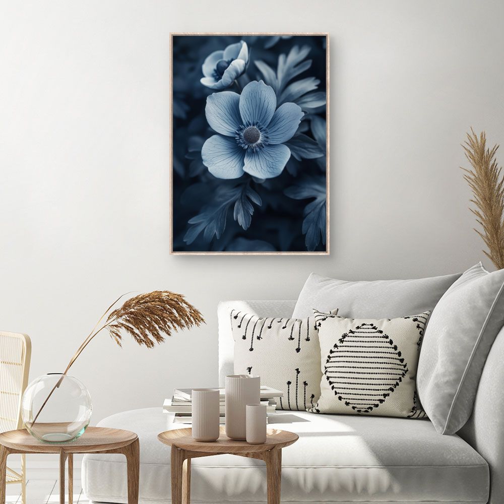 Toile Fleurs élégantes bleues – toile cadre naturel (slide 1, 60×90)