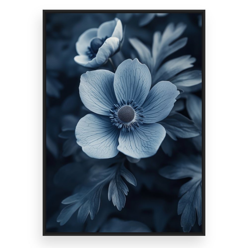 Toile Fleurs élégantes bleues – toile cadre noir (slide 3)
