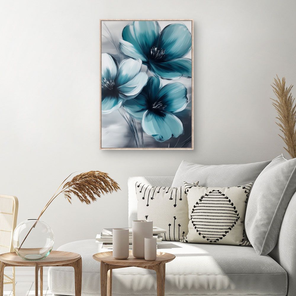 Toile Fleurs bleues vibrantes – toile cadre naturel (slide 1, 60×90)