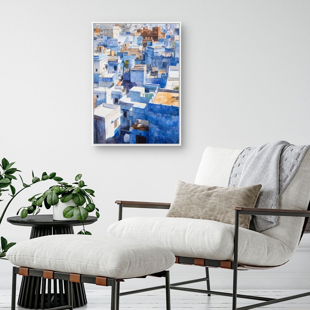 Toile "Toits bleus lumineux"