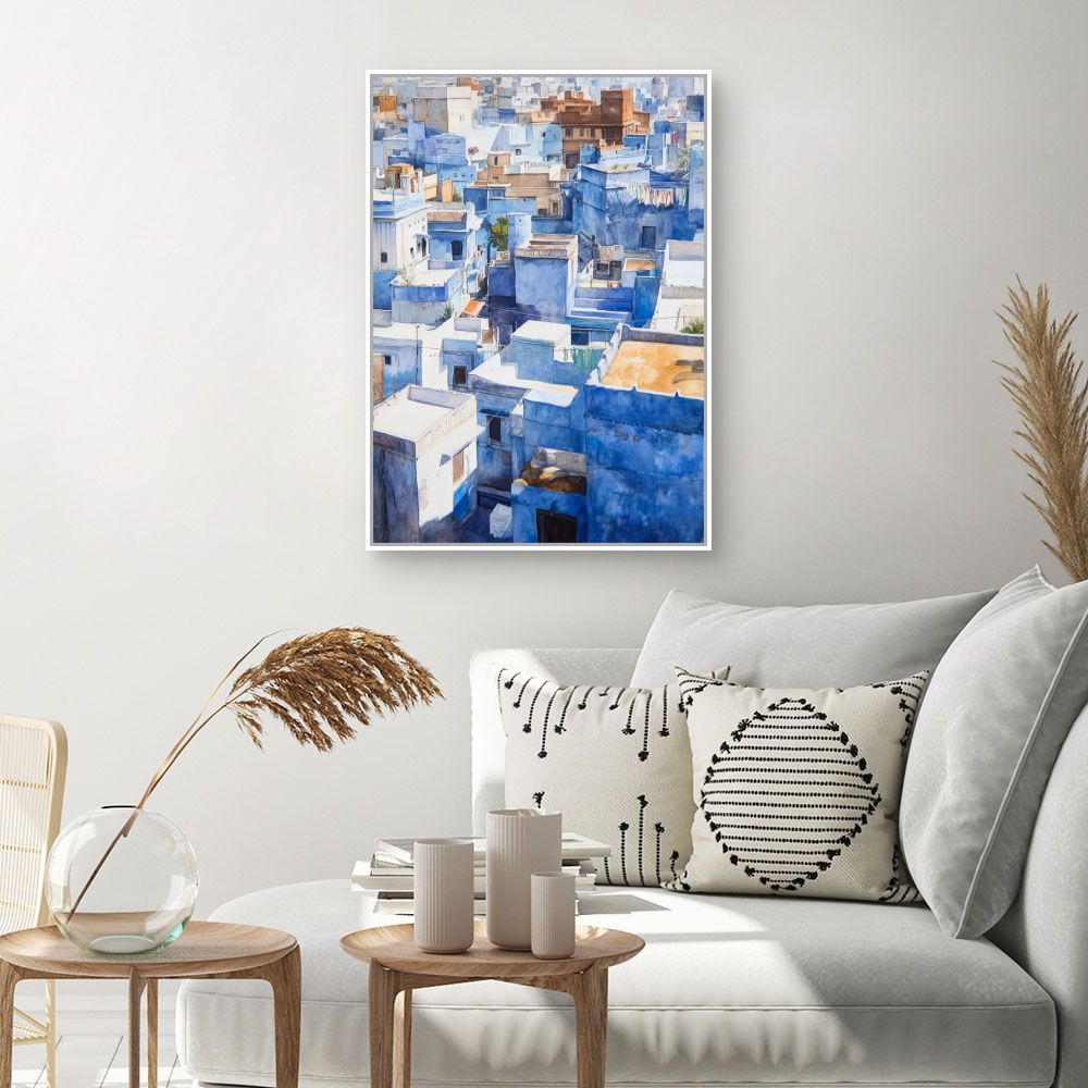 Toile "Toits bleus lumineux"