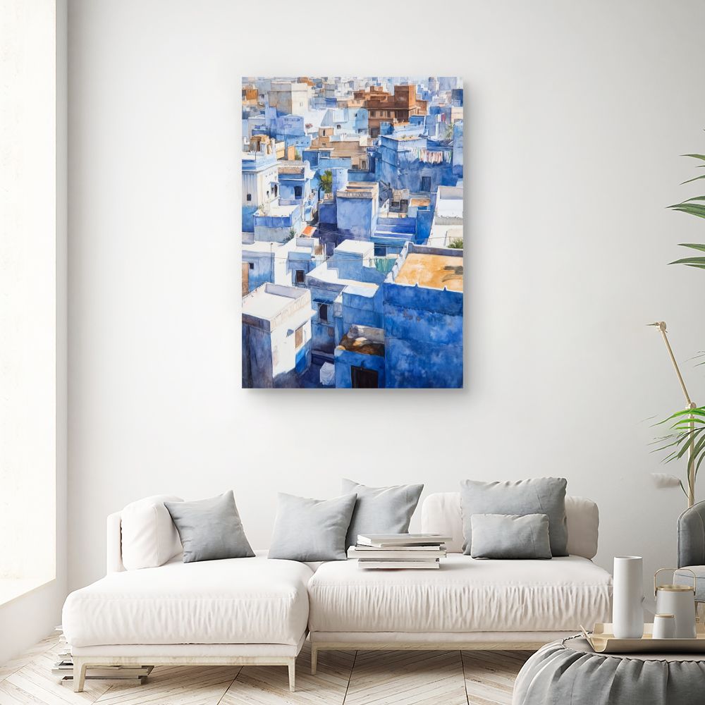 Toile "Toits bleus lumineux"