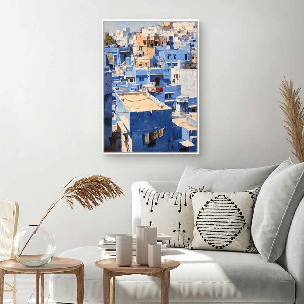 Toile "Maisons bleues pittoresques"