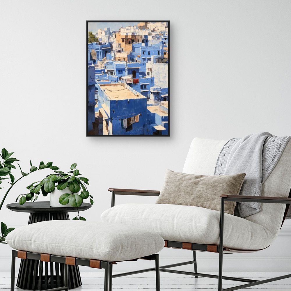 Toile "Maisons bleues pittoresques"