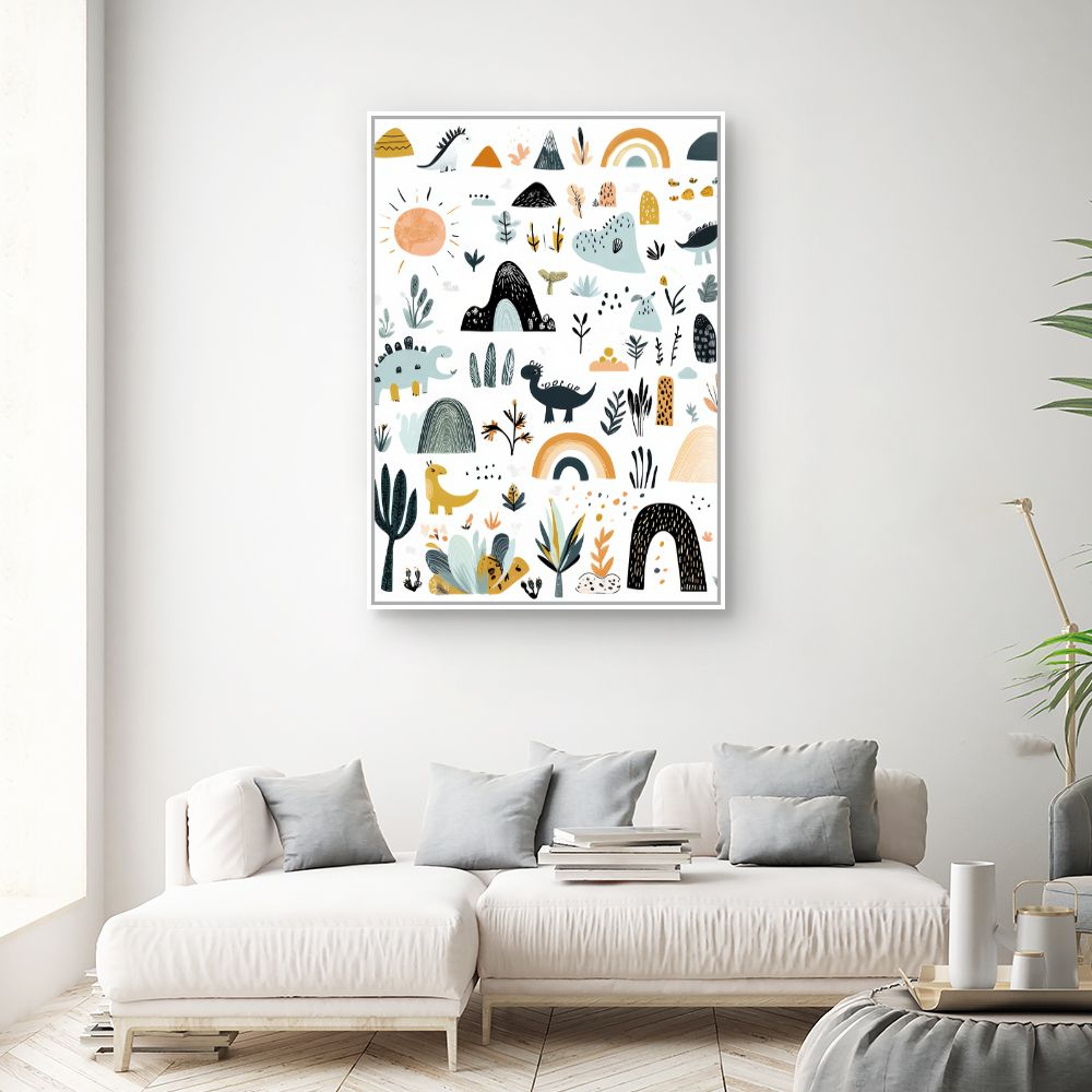 Tableau imprimé pour enfants 'Paysage dino ludique'