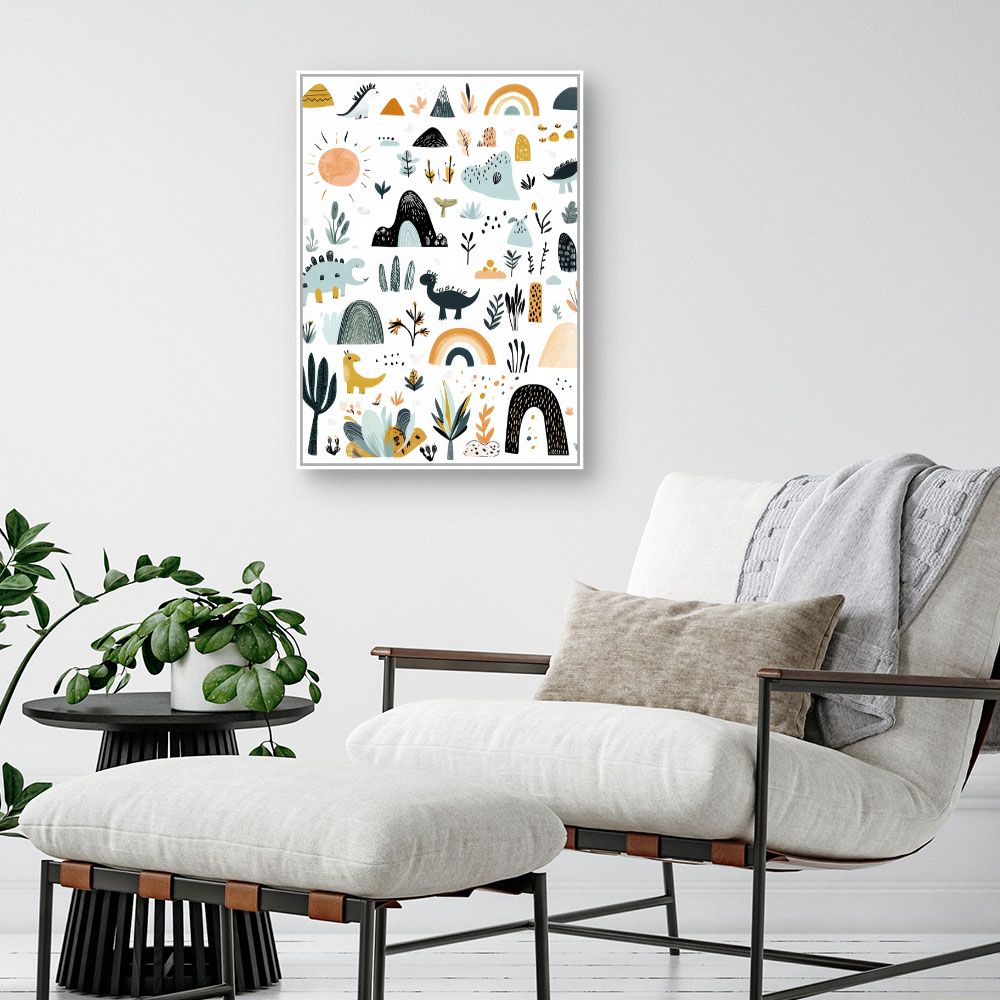 Tableau imprimé pour enfants 'Paysage dino ludique'