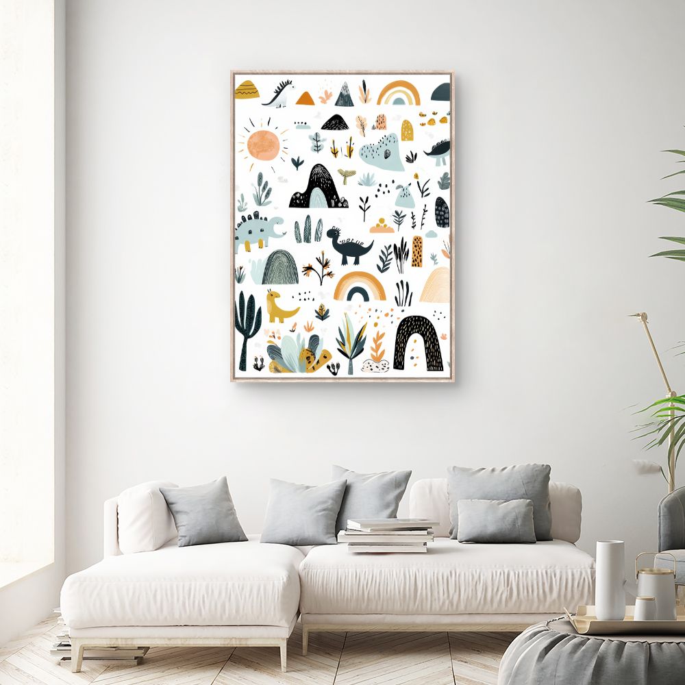 Tableau imprimé pour enfants 'Paysage dino ludique'