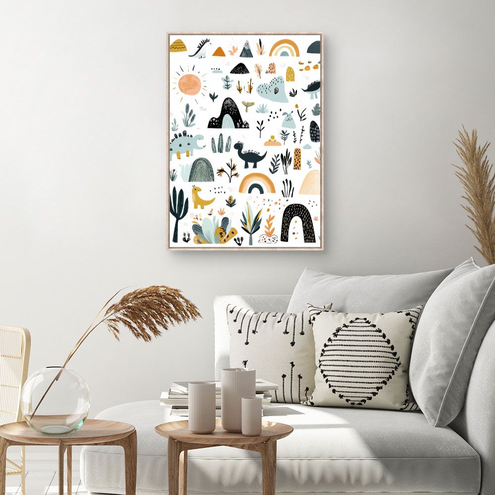 Tableau imprimé pour enfants 'Paysage dino ludique'