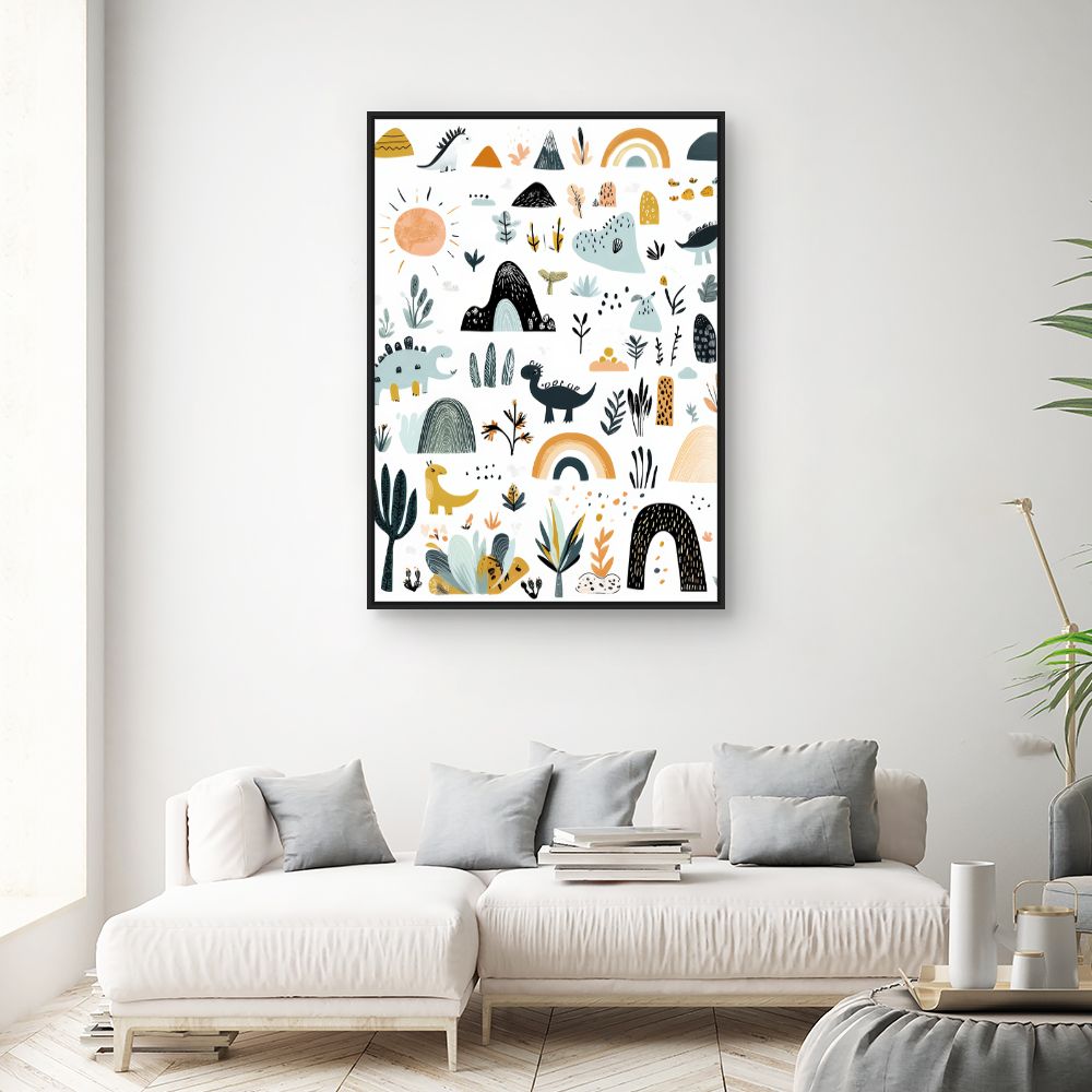 Tableau imprimé pour enfants 'Paysage dino ludique'