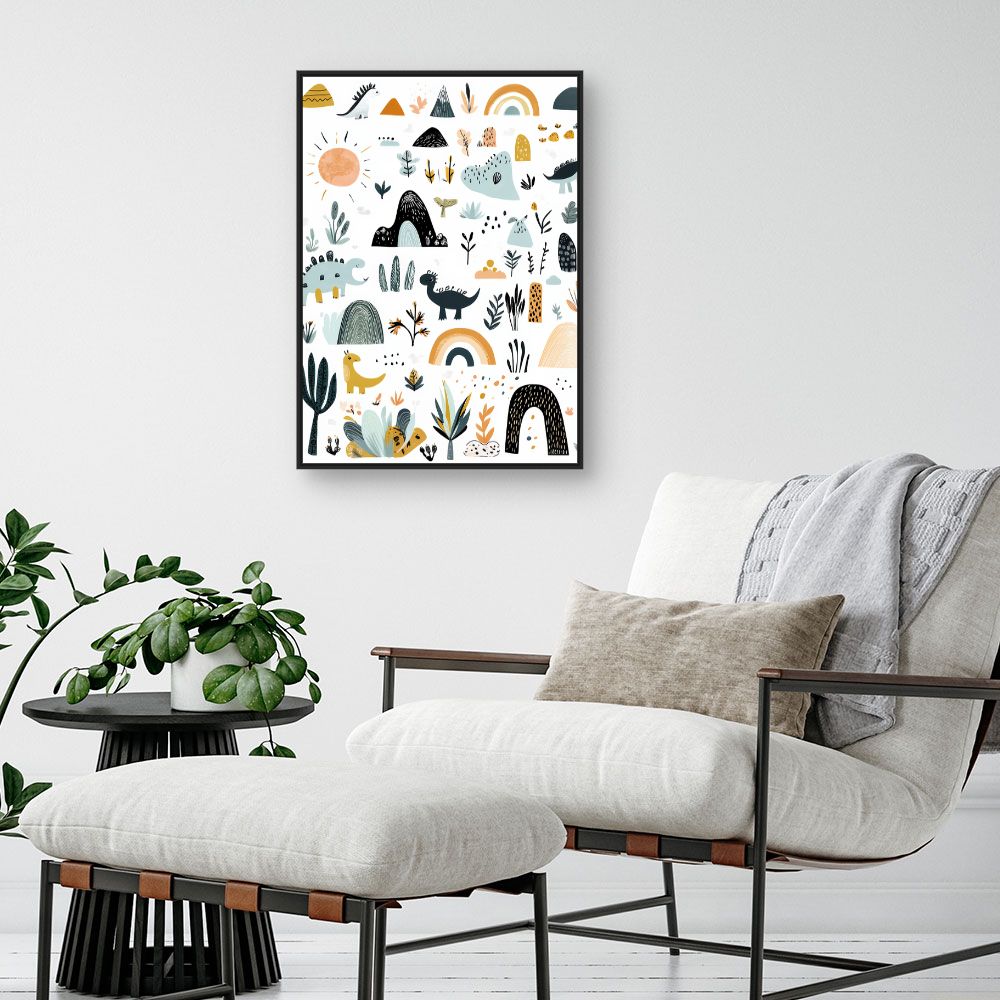 Tableau imprimé pour enfants 'Paysage dino ludique'