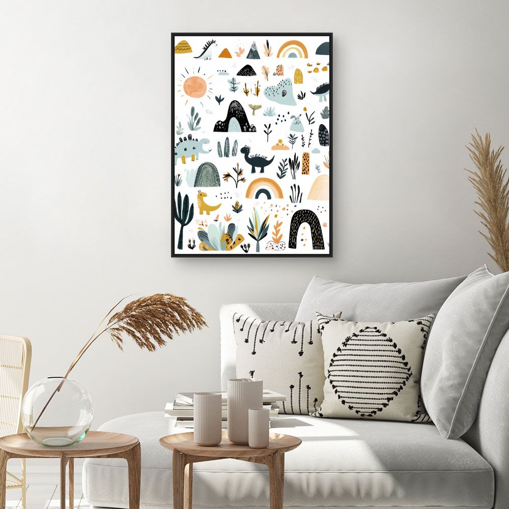 Tableau imprimé pour enfants 'Paysage dino ludique'