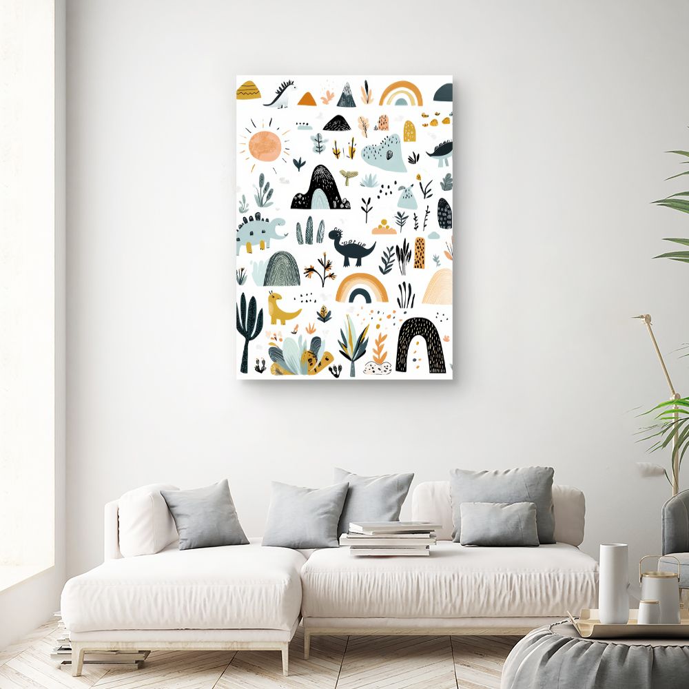Tableau imprimé pour enfants 'Paysage dino ludique'