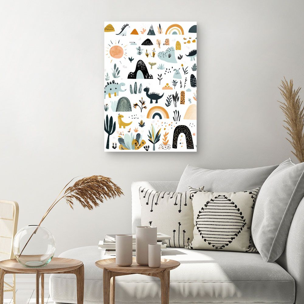 Tableau imprimé pour enfants 'Paysage dino ludique'
