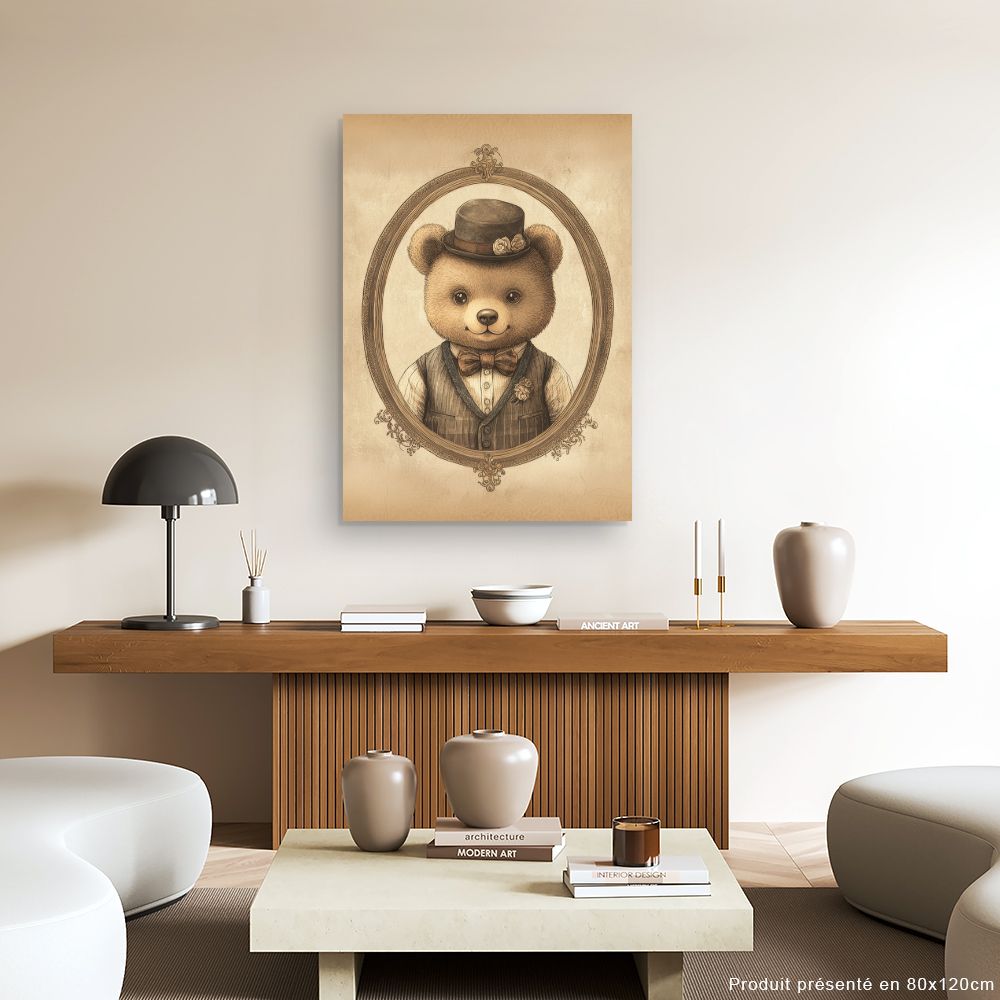 Tableau imprimé pour enfants 'Ourson élégant vintage'