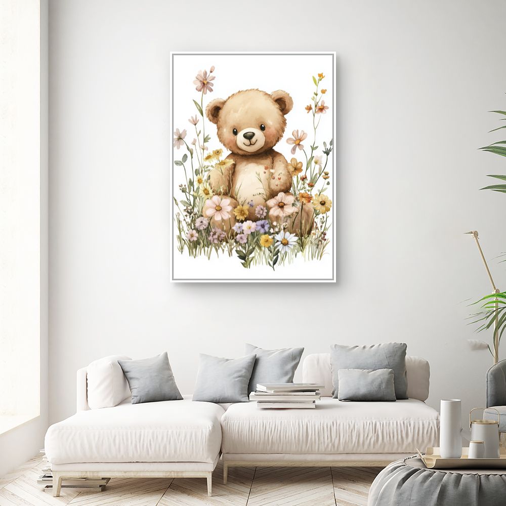 Tableau imprimé pour enfants 'Ours dans fleurs'