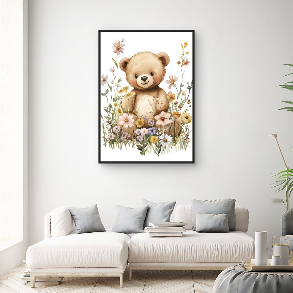 Tableau imprimé pour enfants 'Ours dans fleurs'