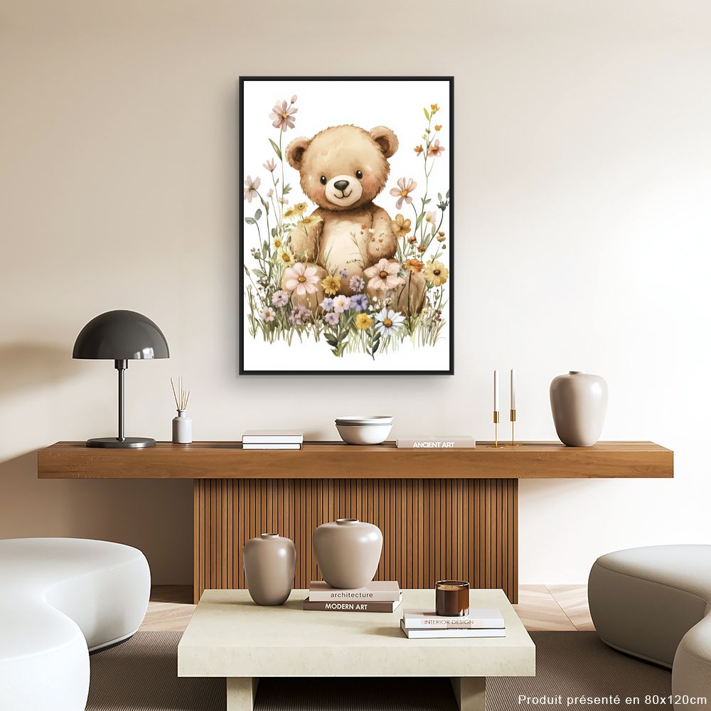 Tableau imprimé pour enfants 'Ours dans fleurs'