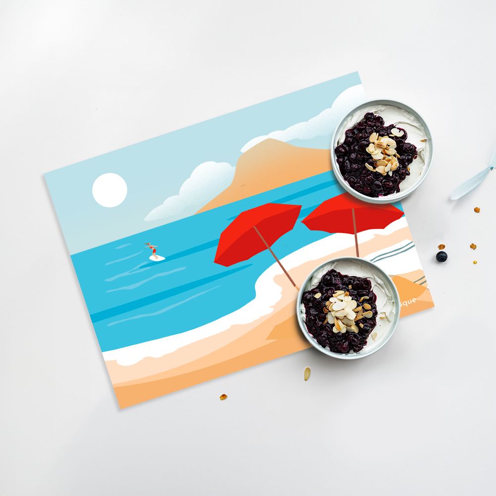 Lot de 4 sets de table en vinyle / Plage avec parasols rouges et surfeur